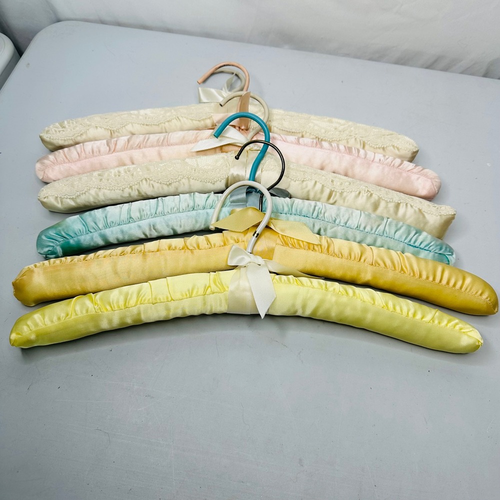Vintage Padded Satin Lace Clothes Hangers Set of 6 Pastel Mixed Colors 15.5 Inch